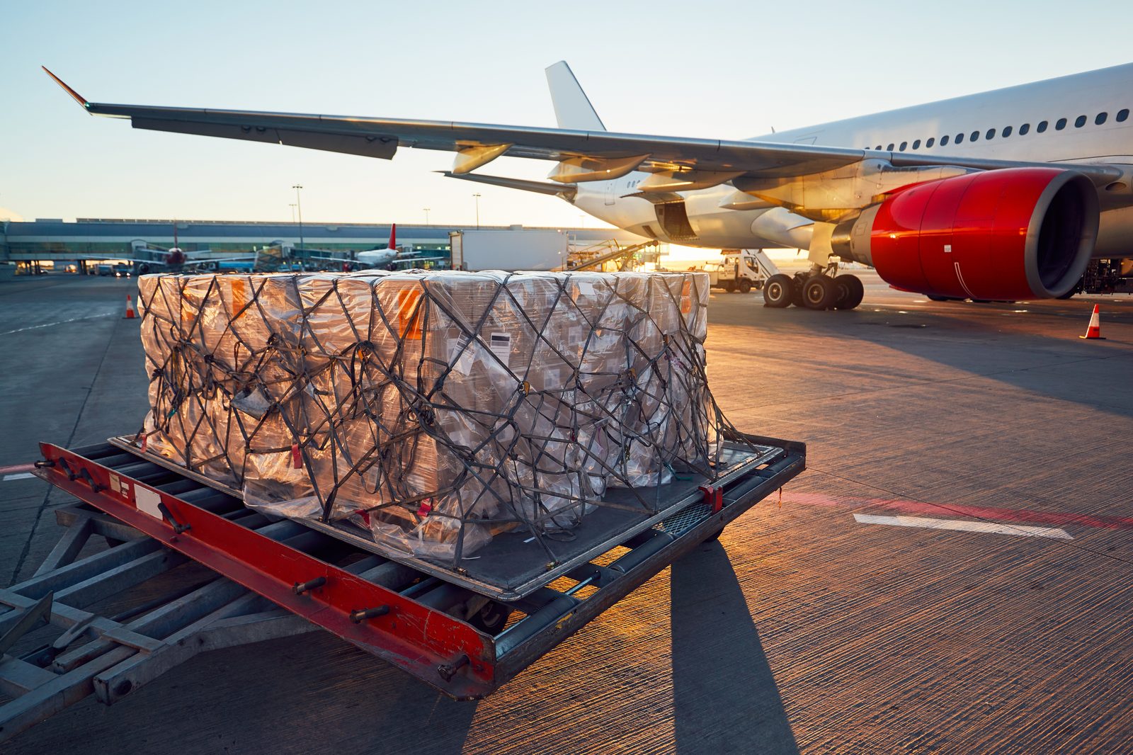 Air freight aircraft being loaded with palletised cargo