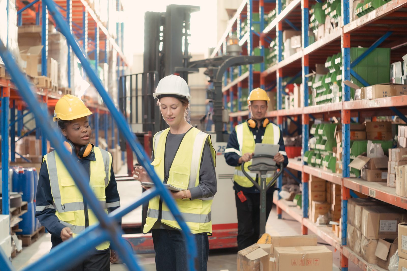 Warehouse staff managing stored inventory